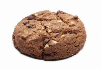 Round chocolate and hazelnut cookies isolated on white background