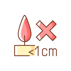 Burning candles correctly RGB color manual label icon. Dont burn candle all way down. Fire hazard label. Isolated vector illustration. Simple filled line drawing for product use instructions