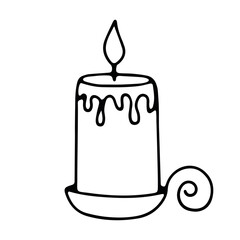 Old fashioned lit candle, candlestick on holder, vector icon, isolated on a white background, doodle
