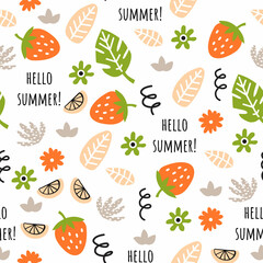 Seamless pattern with flowers, strawberry and hand drawn elements