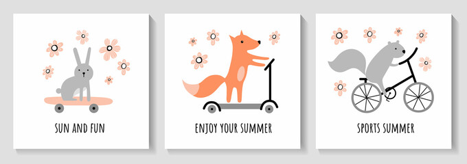 A set of cute summer cards. Cute rabbit, squirrel, fox