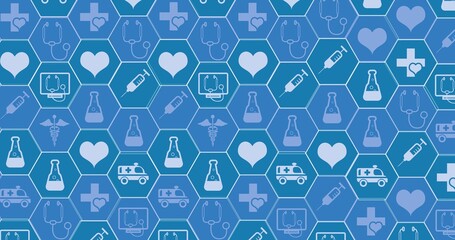Composition of multiple medical icons on blue background