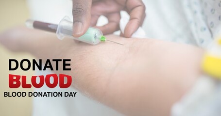 Composition of donate blood text over doctor drawing blood