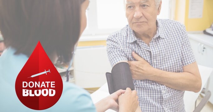 Composition of donate blood text over doctor taking blood pressure - Powered by Adobe