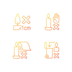 Safety label for handmade candles gradient linear vector manual label icons set. Thin line contour symbols bundle. Isolated vector outline illustrations collection for product use instructions