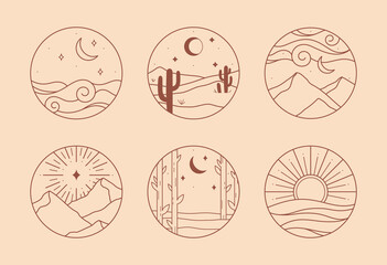 Vector linear boho icons with mystic forest,mountains landscape,desert dunes,sea.Travel emblems with trees,aurora lights,crescent moon,sun and stars.Modern hiking or camping logos in minimal style.