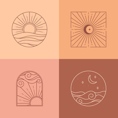 Bundle of vector bohemian logos,icons,symbols with landscape,sun,sea,crescent moon,sky,star and sunburst.Boho linear symbols in trendy minimal style.Modern celestial emblems.Branding design templates.