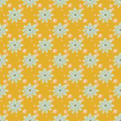 Blossom seamless pattern with blue flowers shapes ornament. Yellow bright background.