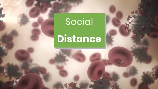 Social distance text on green banner over multiple covid-19 cells and blood vessels floating
