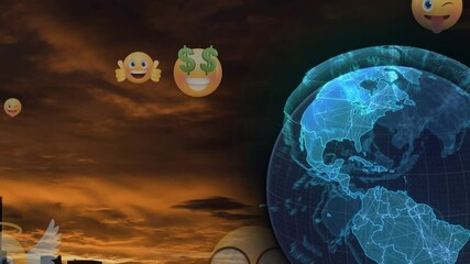 Spinning globe and multiple face emoji icons floating against sunset sky in background