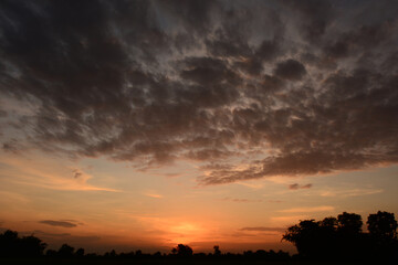 a sunset with a bright orange sky and dark clouds overhead. Silhouettes of trees are visible along the horizon.