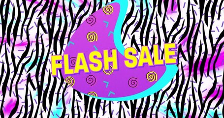 Digital animation of flash sale text on purple banner over zebra stripes pattern on white background - Powered by Adobe