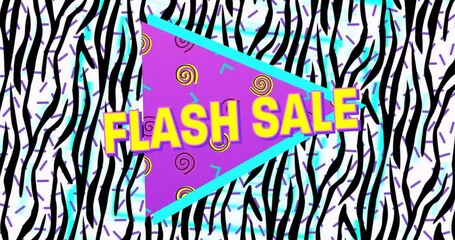 Digital animation of flash sale text on purple banner over zebra stripes pattern on white background - Powered by Adobe