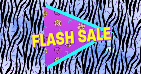 Digital animation of flash sale text on purple banner over zebra stripes pattern on blue background - Powered by Adobe