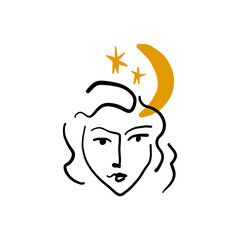 Simple abstract face portrait. Linear Ink brush. Line art current contemporary continuous painting. Modern fashion style abstraction poster.