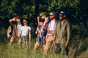 Meet sunset. Group of friends, young men and women walking, strolling together during picnic in summer forest, meadow. Lifestyle, friendship,