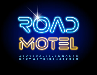 Fototapeta na wymiar Vector neon sign Road Motel. Futuristic electric Font. Abstract style Alphabet Letters and Numbers