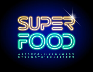 Vector marketing logo Super Food. Neon glowing Alphabet Letters and Numbers set. Bright electric Font