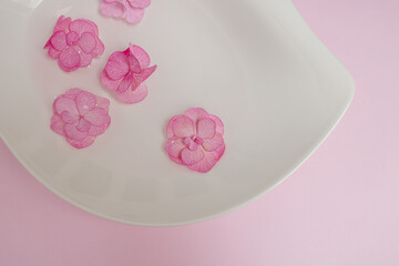 Pink hydrangea petals floating in water with water drops on them on pink paper background. Flat lay, top view. Valentine's background. Floral wallpaper with copy space..
