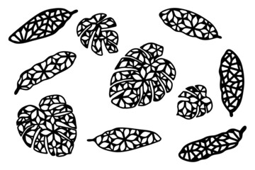 Tropic leaves outline silhouettes with geometric ornament. Decorative cut elements on white background