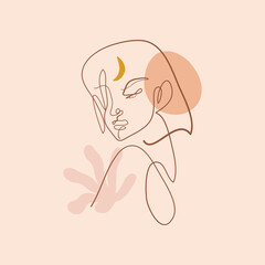 Moon girl face meditation, line art woman drawing.