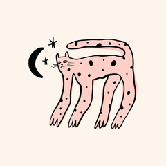 Doodle cat and moon funny cartoon cute art print.