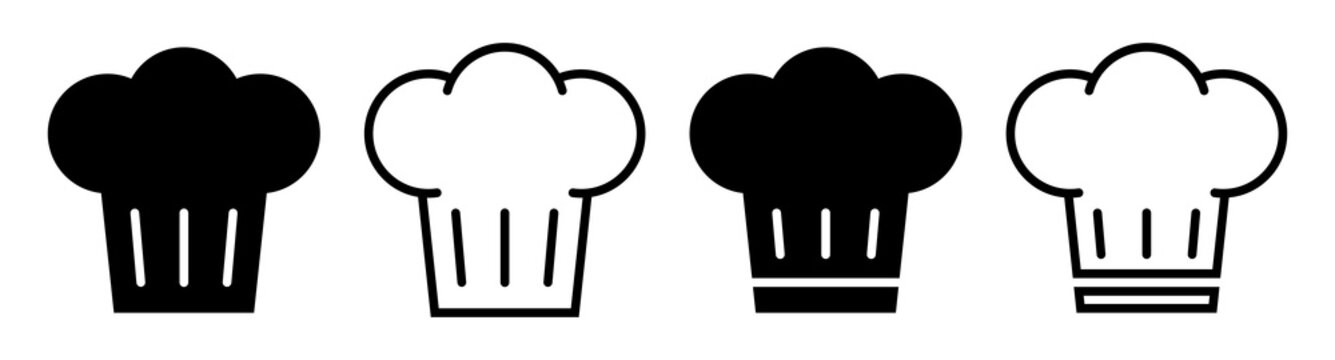 Chef’s hat icons black vector set. Isolated cook chef hat symbols on white background. Kitchen chef hats lines signs. Difficulty cooking recipe concept. Flat vector illustration.