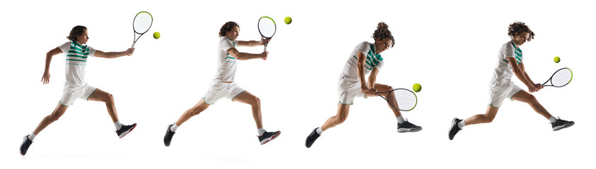 Composite image of one tennis player in action, motion isolated on white background. Sport collage