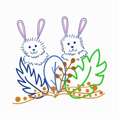 Cute hares in the natural environment. Vector outline illustration on a white background.