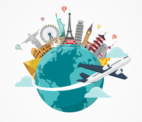 Fototapeta airplane and time to travel banner.  travel around the world. landmarks on the globe. Tourism trip concept. Journey in Vacation. Vector illustration modern flat design. obraz