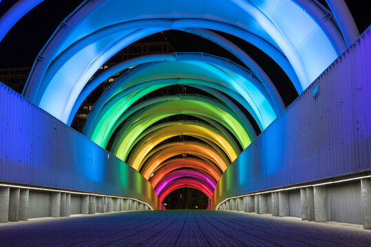 Illuminated colorful tunnel at night in Odaiba, Tokyo　東京・お台場 カラフルな光に照らされたトンネル