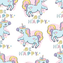 Hand drawn cute Unicorn, Pony Vector Seamless Pattern, Kids Print