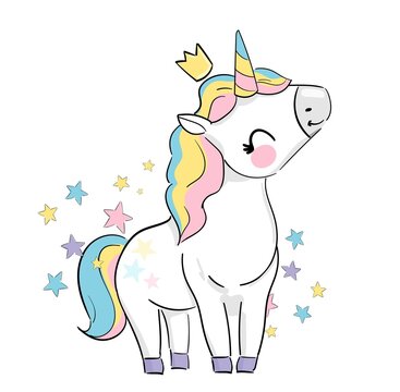 Hand drawn cute unicorn and flowers magic vector illustration. Childrens Trend Print picture