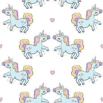 Hand drawn cute Unicorn, Pony Vector Seamless Pattern, Kids Print