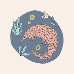 Cute pangolin Australian animal cartoon doodle kids style drawing.