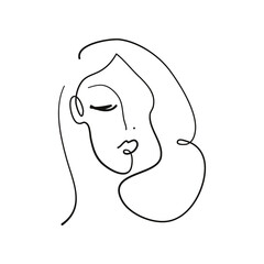 Modern abstract face portrait. Linear ink brush. Line art current contemporary continuous painting. Fashion artistic style black and white abstraction poster. 
