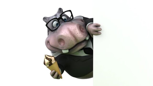 Fun 3D cartoon hippo with an ice cream