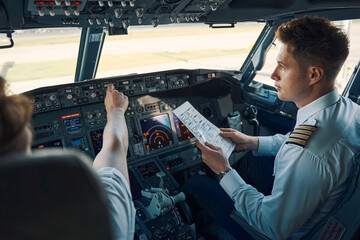 Airline captain and first officer sitting in the cockpit - obrazy, fototapety, plakaty