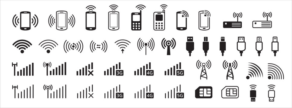 all phone wireless internet data connection vector icon set. contains icon as wifi, tethering, data transfer, modulator demodulator, modem, near field communication, usb. Universal serial bus