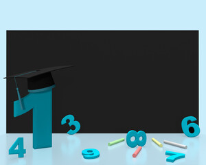 Number one with student cap as frame with blackboard, chalk and text for back to school.