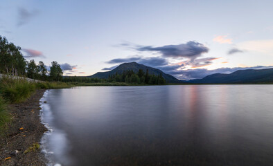 A long exposure of the lake Matsdal near Storuman in the Swedish Lapland