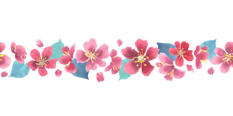 Fototapeta na wymiar Sakura cherry blossom watercolor seamless horizontal border. Frame decoration element. Spring flower border