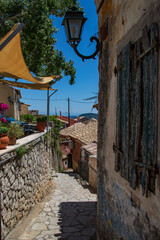 Cityscape of traditional mountain village Liapades at Corfu Island Greece.