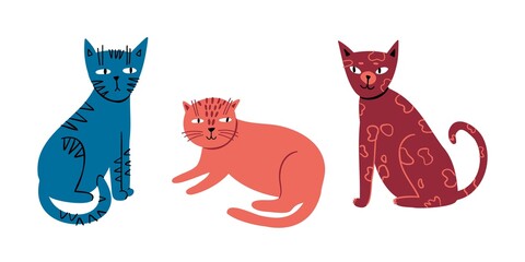 doodle flat set of cute cats. hand drawn cats isolated on white background. colorful vector illustration. illustration for stickers.