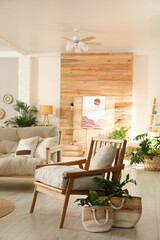 Light room interior with stylish wooden furniture. Idea for design