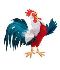 coq français, coq gaulois, coloré, bleu blanc rouge, mascotte, fier, mâle dominant, chant de coq, orgueilleux, drapeau français, coupe du monde, foot, ailes, oiseau, animal, ferme, volaille, coquelet, © behzadillustrations
