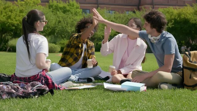Group of international college students sitting on lawn in park giving high five