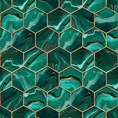 Malachite hexagon seamless texture with gold. Abstract background