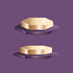 Purple and gold multi-angle pedestal empty isolated on purple background. Vector podium for product demonstration.