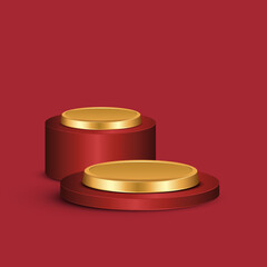 Red and gold round pedestal empty isolated on red background. Vector podium for product demonstration.